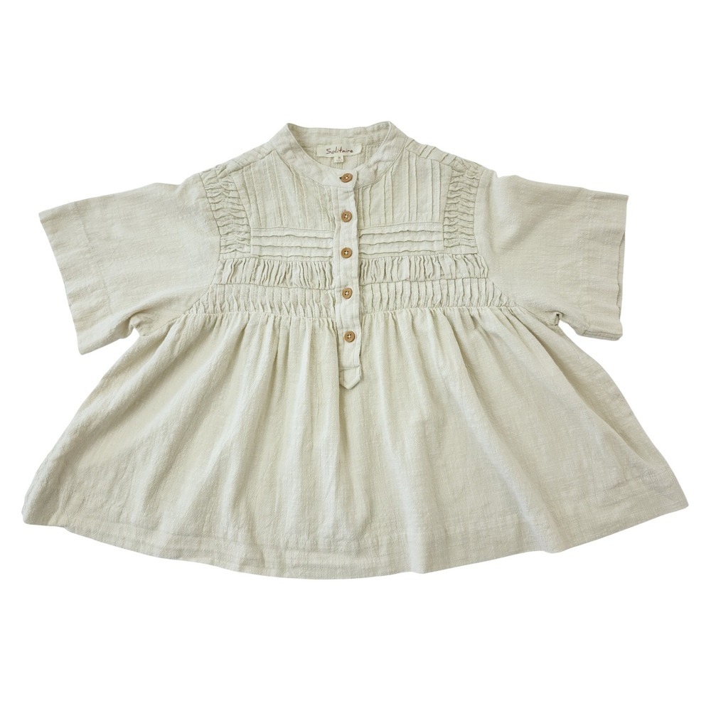 Solitaire Beige 100% Cotton Gauze Smocked Babydoll Blouse Top Women's  M